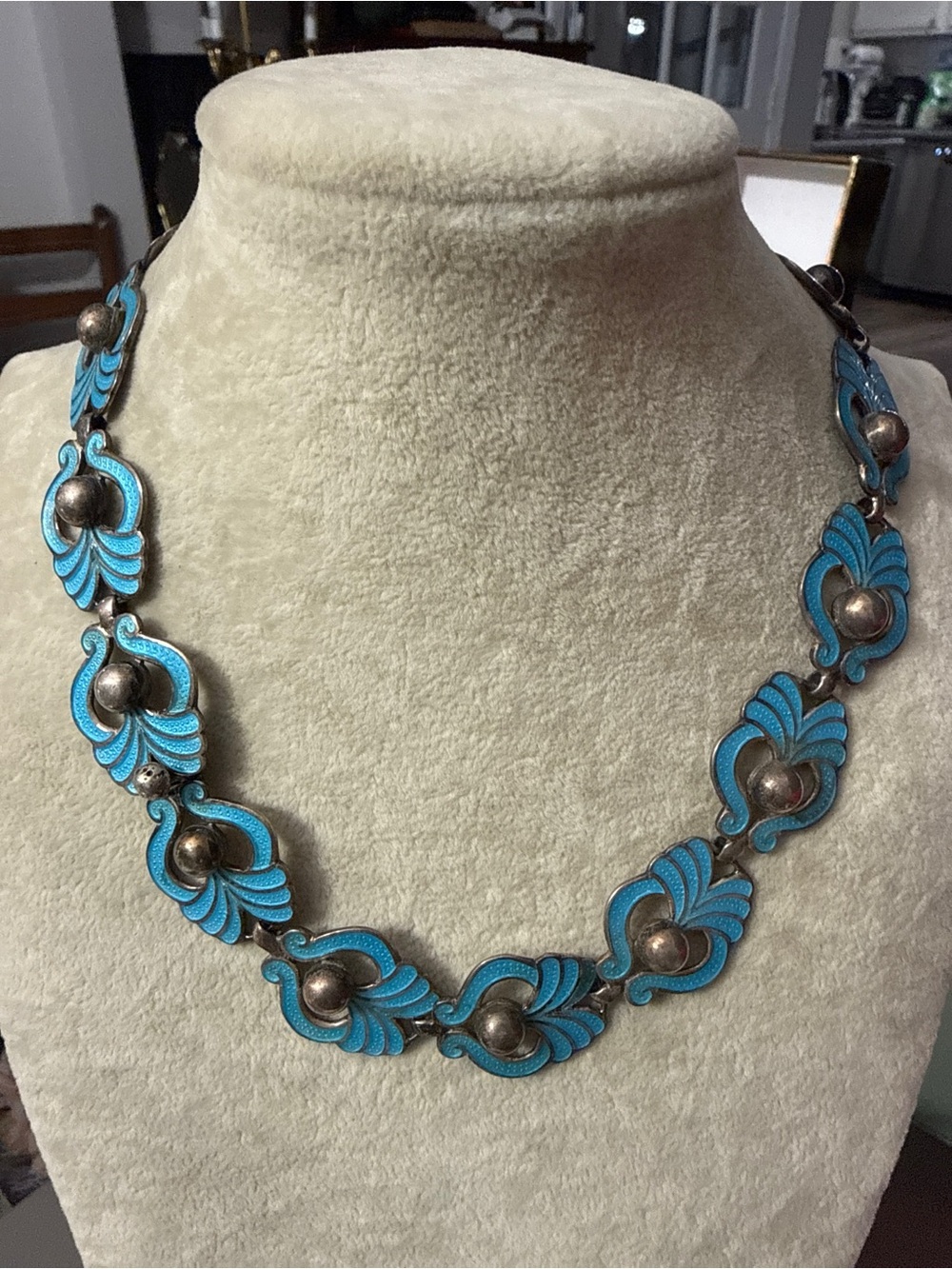 Vintage Margot Taxco  SterlingTurquoise Blue Enamel Link Necklace 5418